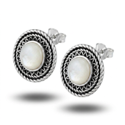 925 Silver Heritage Stud Earrings with Round White Mother-of-Pearl Stone