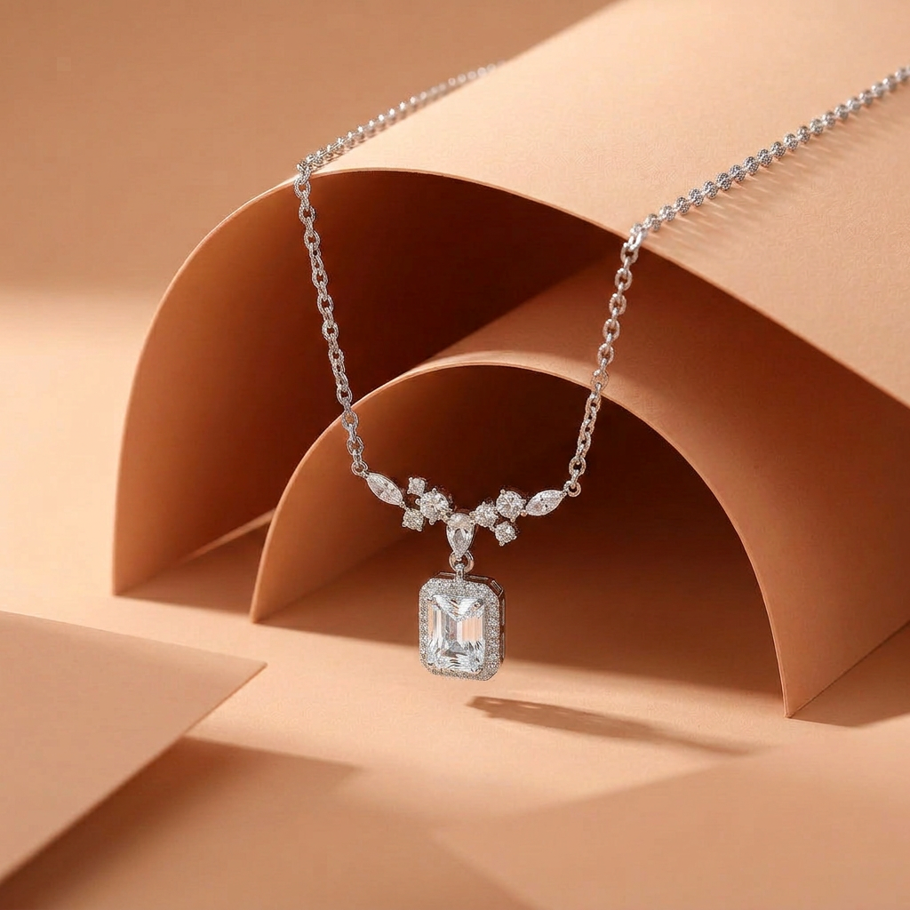 925 Silver Delicate Necklace with Rectangular Pendant Surrounded by White Stones