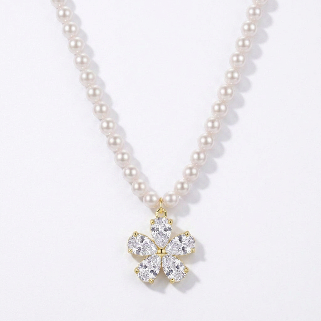 925 Silver Pearl Necklace with Encrusted Flower Pendant
