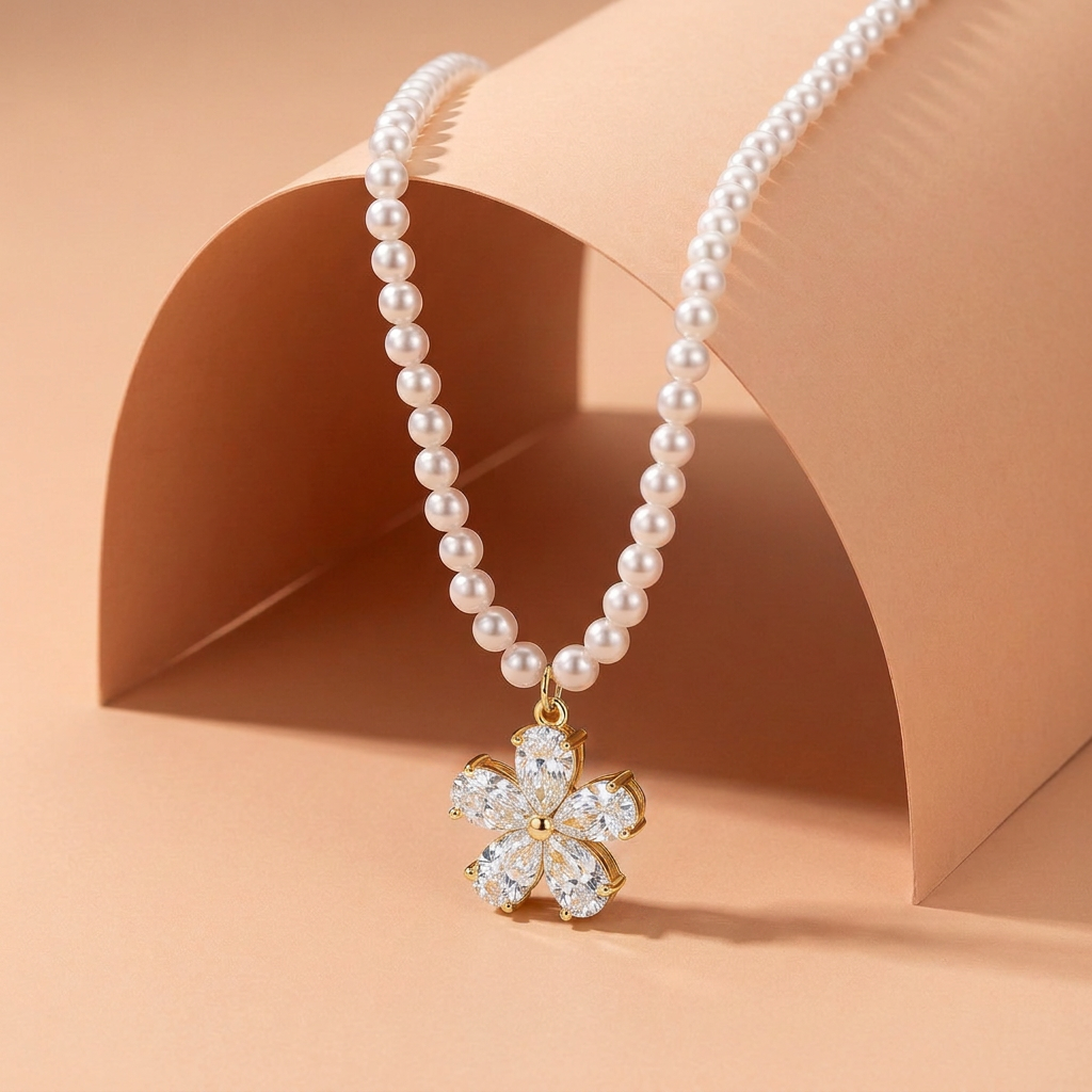 925 Silver Pearl Necklace with Encrusted Flower Pendant