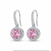 925 Silver Drop Earrings with Pink Stone Surrounded by  Zircon Stones