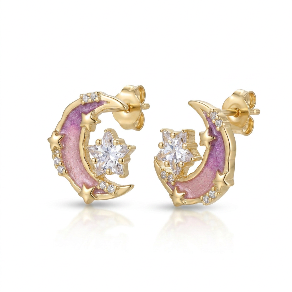 925 Silver Gold-Plated Earrings with Pink Crescent and Sparkling Star