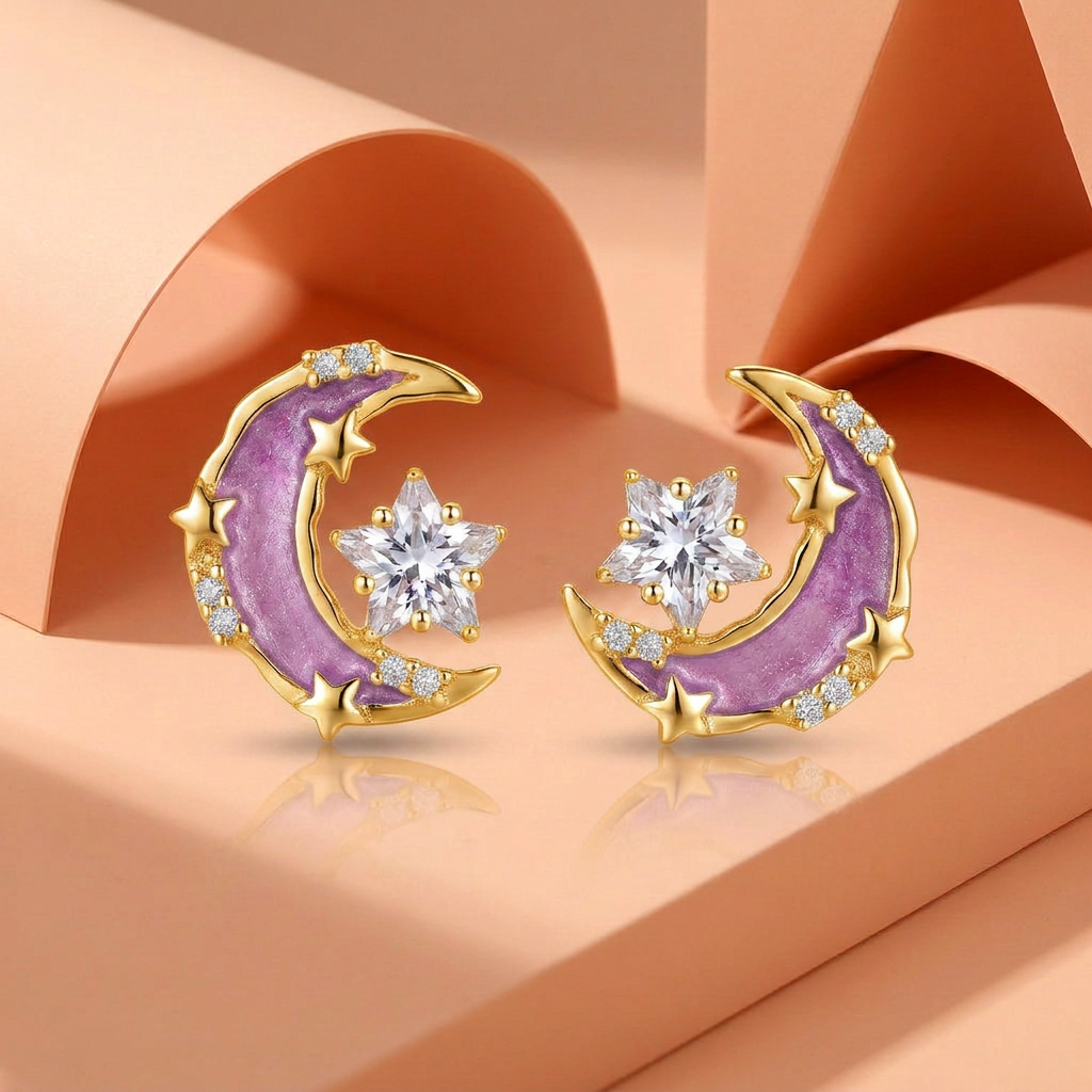 925 Silver Gold-Plated Earrings with Pink Crescent and Sparkling Star
