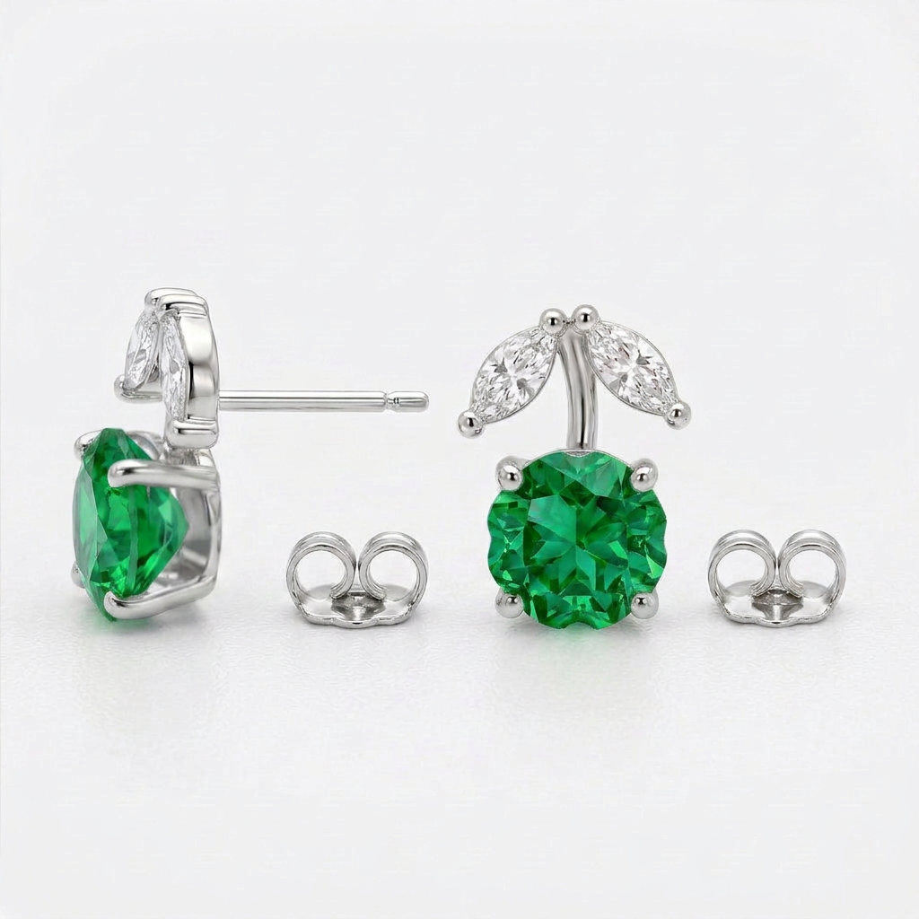 925 Silver Screw Back Cherry Design Earrings with a Green Stone