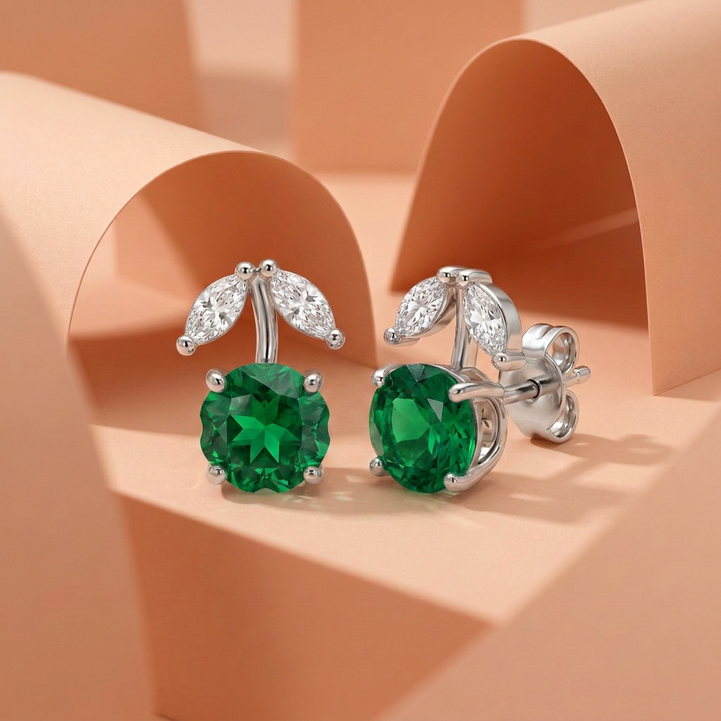 925 Silver Screw Back Cherry Design Earrings with a Green Stone