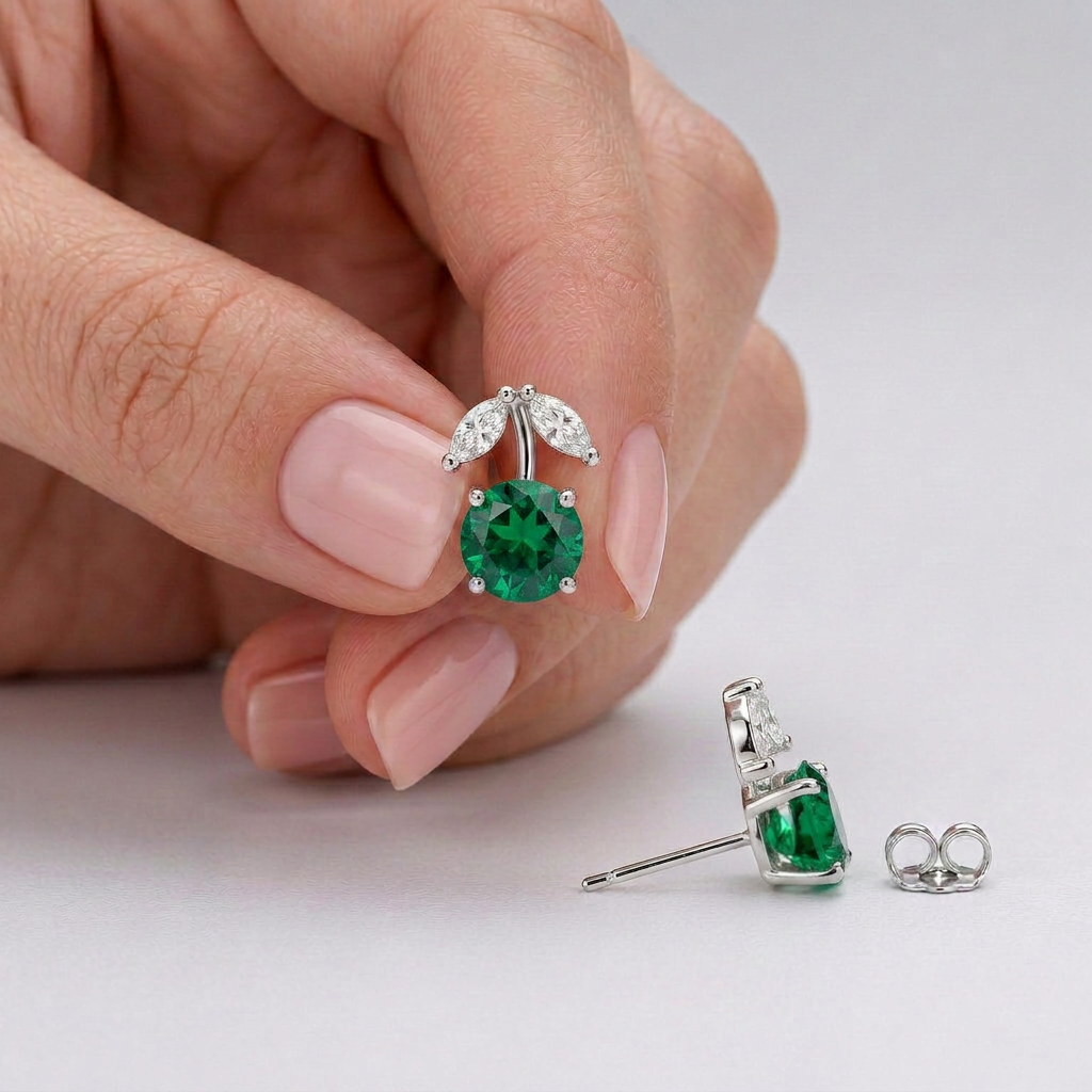 925 Silver Screw Back Cherry Design Earrings with a Green Stone