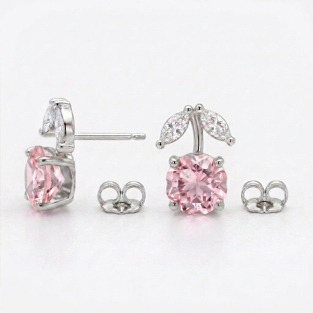 925 Silver Screw Back Earrings with a Pink Stone in a Cherry Design