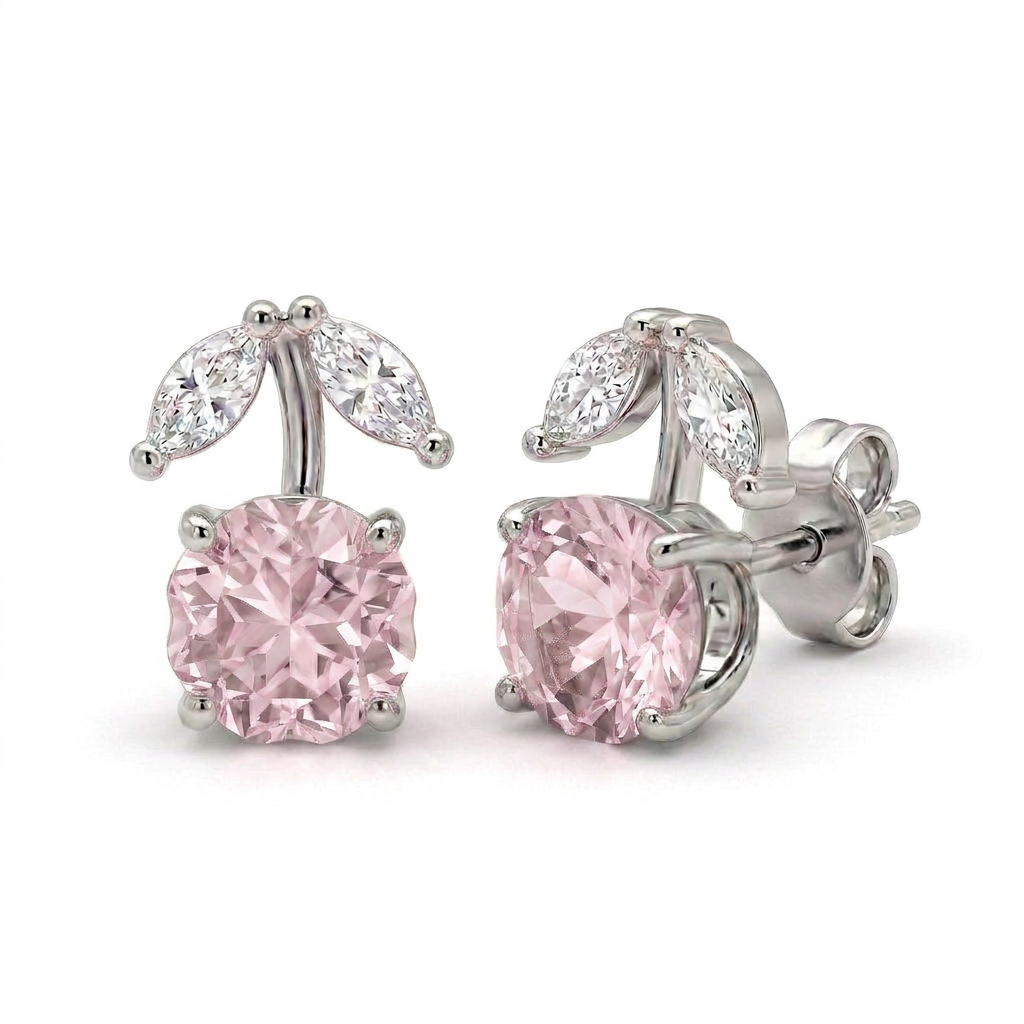 925 Silver Screw Back Earrings with a Pink Stone in a Cherry Design