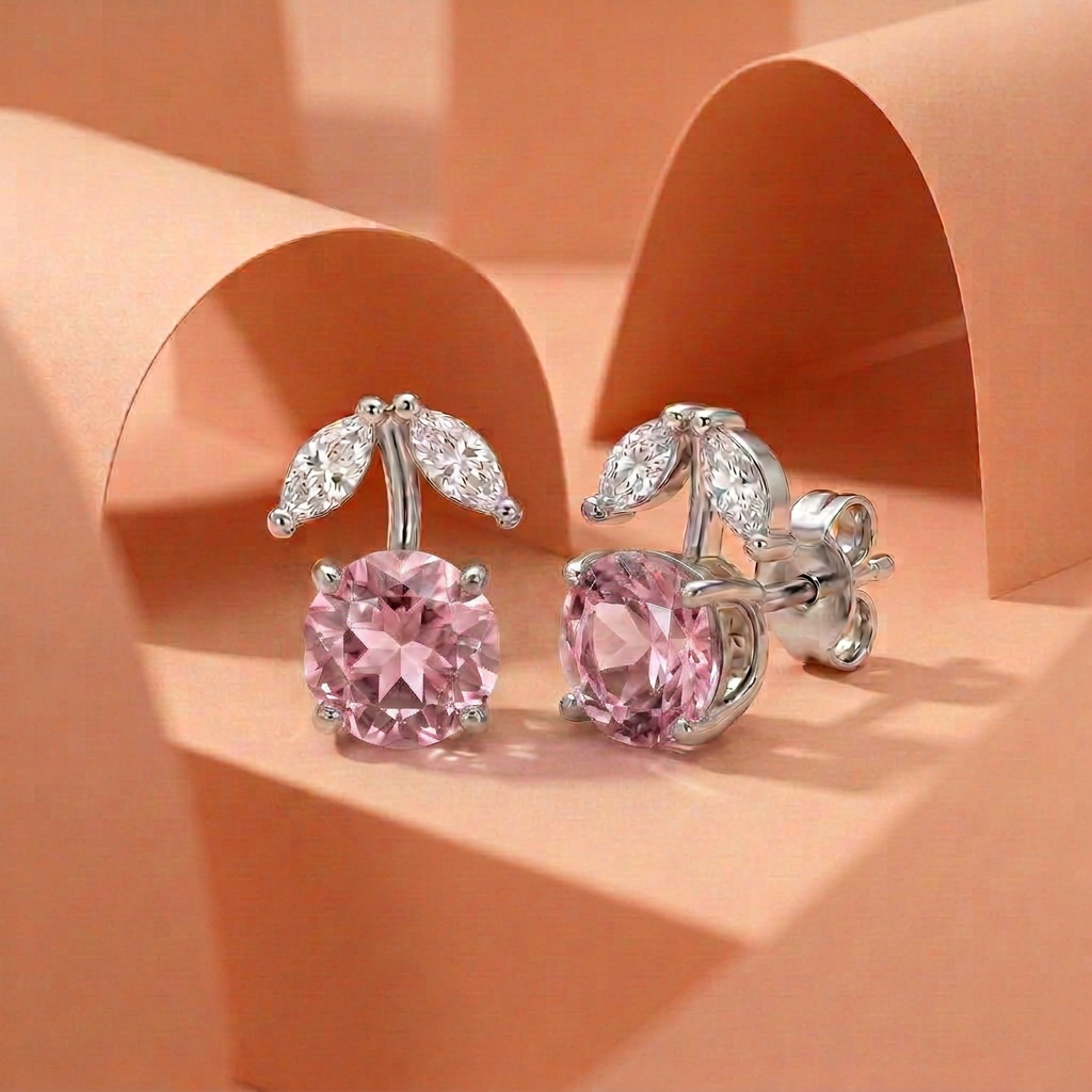925 Silver Screw Back Earrings with a Pink Stone in a Cherry Design