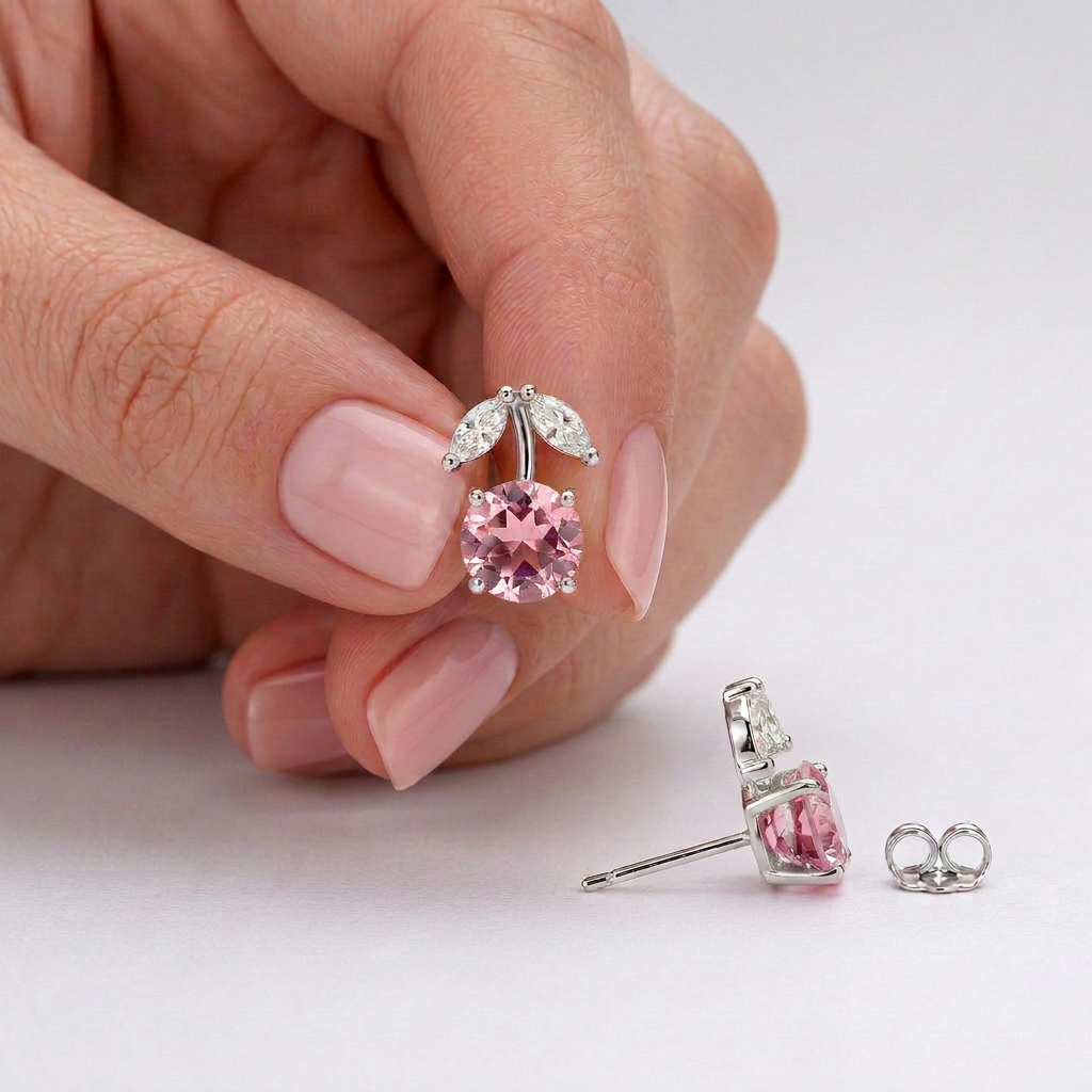 925 Silver Screw Back Earrings with a Pink Stone in a Cherry Design