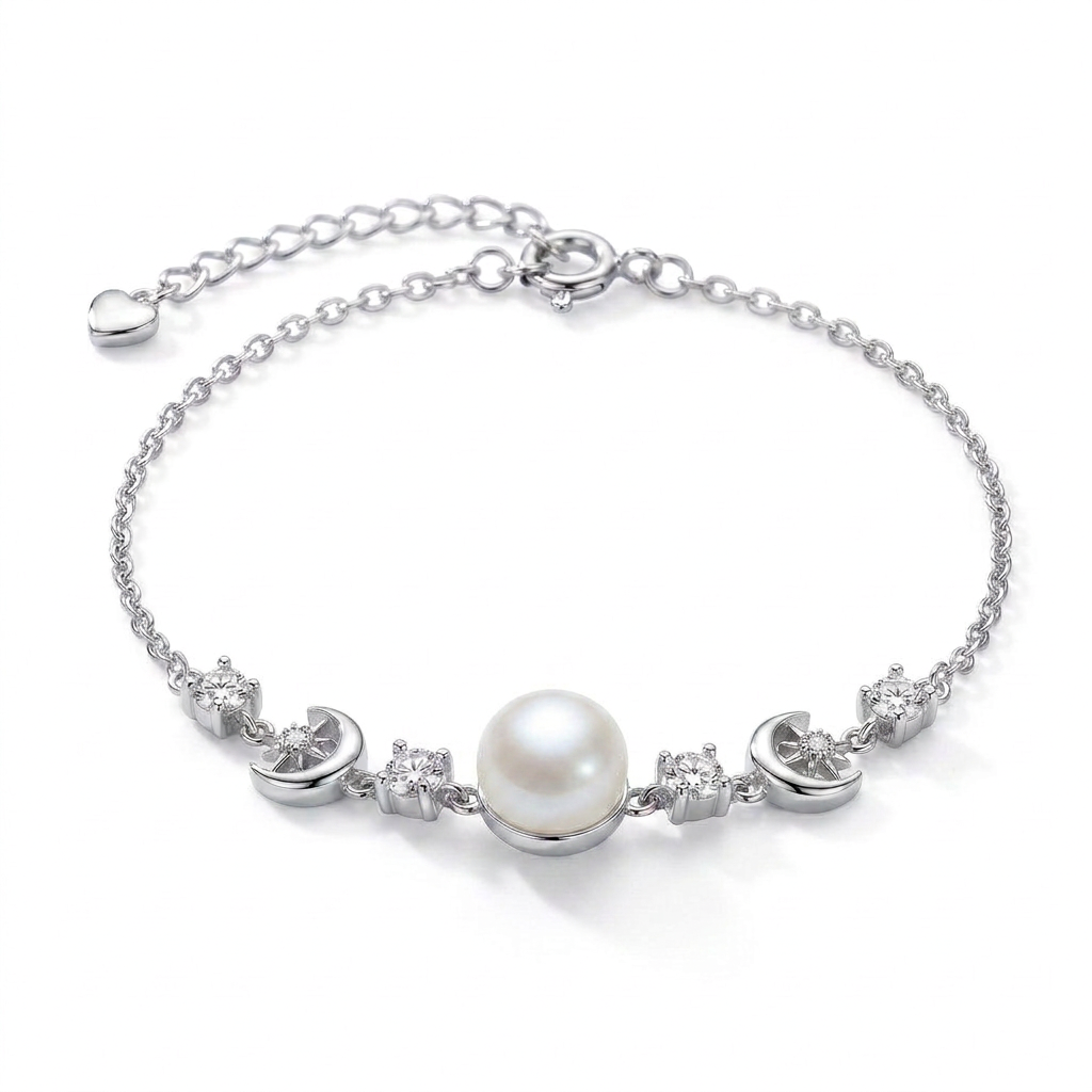 925 Silver Bracelet with a Pearl Between Two Zircon-Studded Crescents
