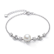 925 Silver Bracelet with a Pearl Between Two Zircon-Studded Crescents
