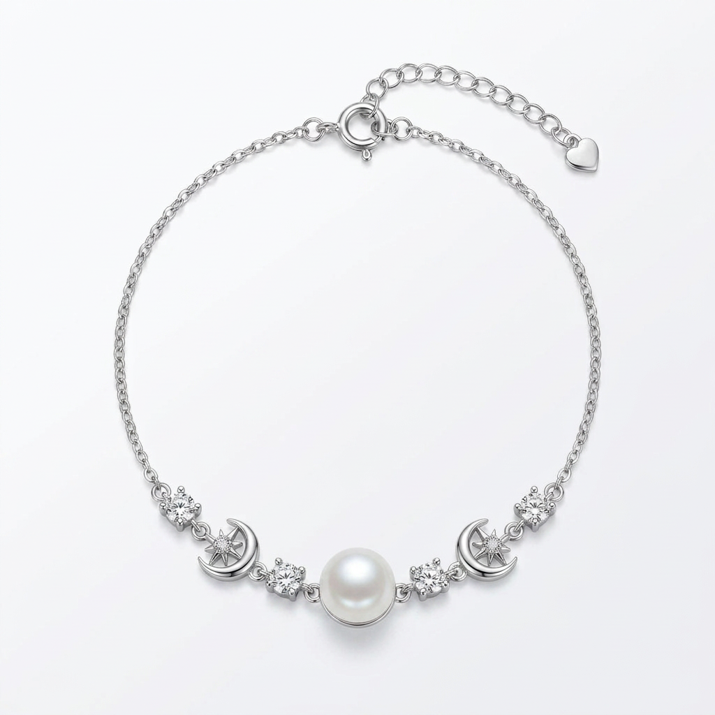 925 Silver Bracelet with a Pearl Between Two Zircon-Studded Crescents
