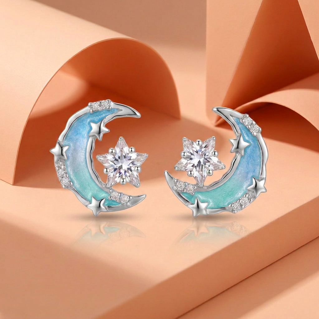 925 Silver Crescent Earrings with a Sparkling Star