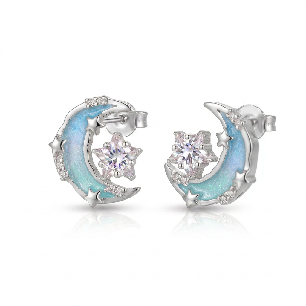 925 Silver Crescent Earrings with a Sparkling Star