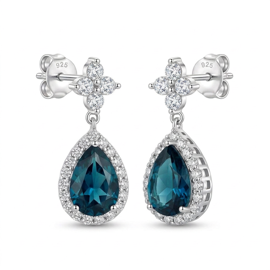 925 Silver Petrol Blue Teardrop Earrings with Zircon