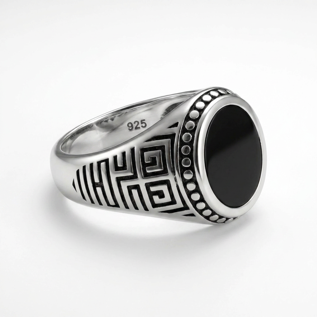 Men’s 925 Silver Ring with Onyx Stone and Elegant Side Engravings