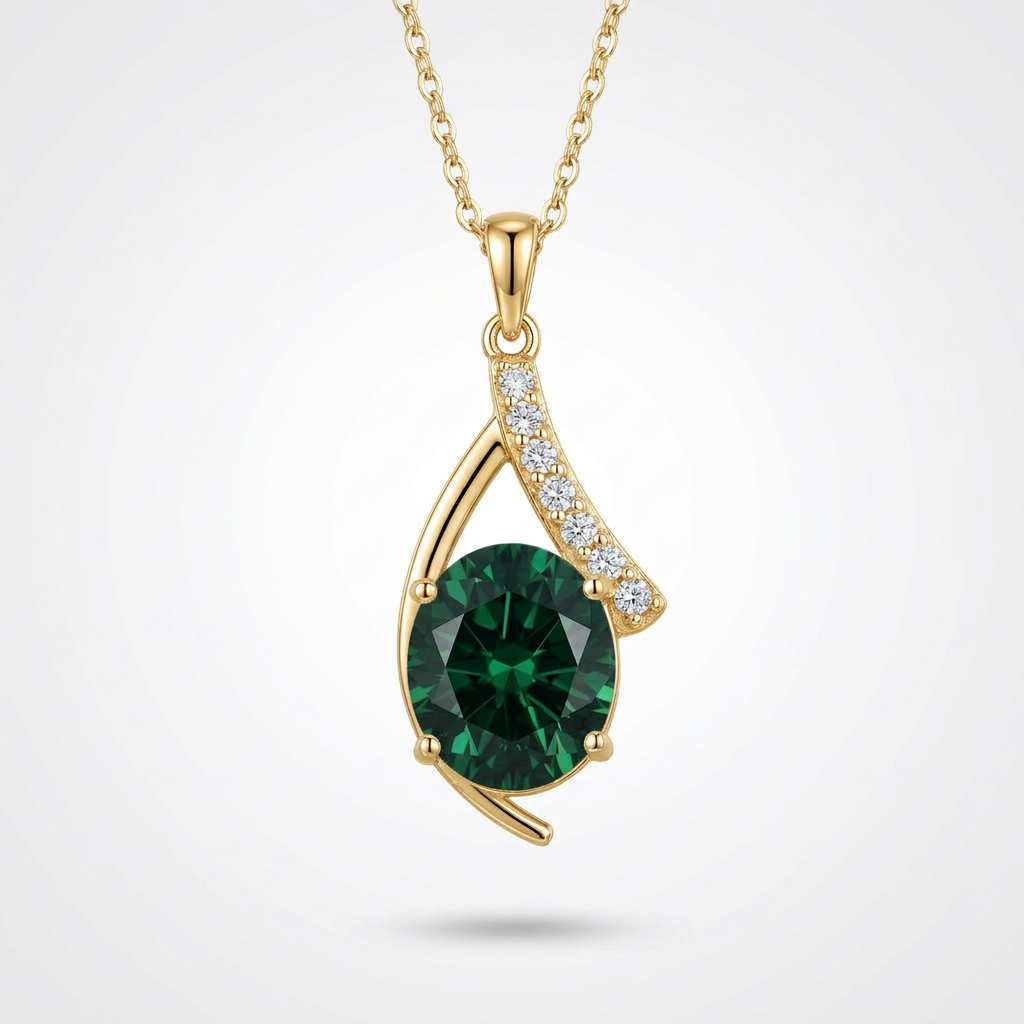 925 Silver Round Green Stone Necklace – Gold Plated