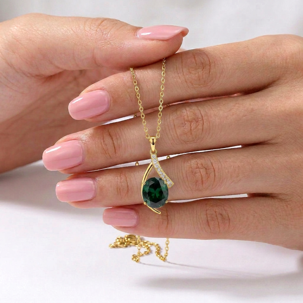 925 Silver Round Green Stone Necklace – Gold Plated
