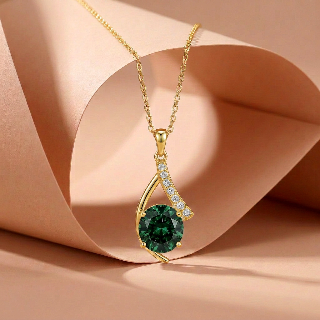 925 Silver Round Green Stone Necklace – Gold Plated