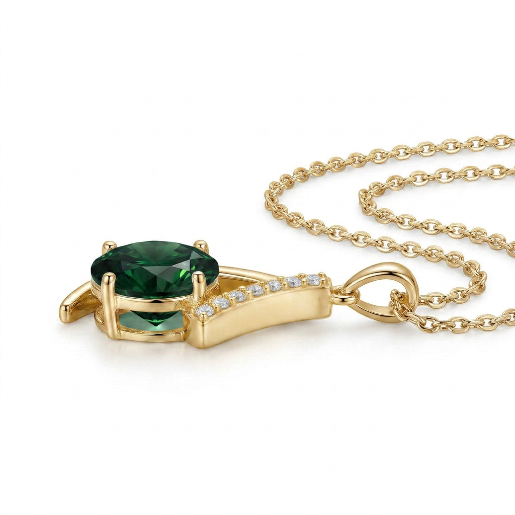 925 Silver Round Green Stone Necklace – Gold Plated