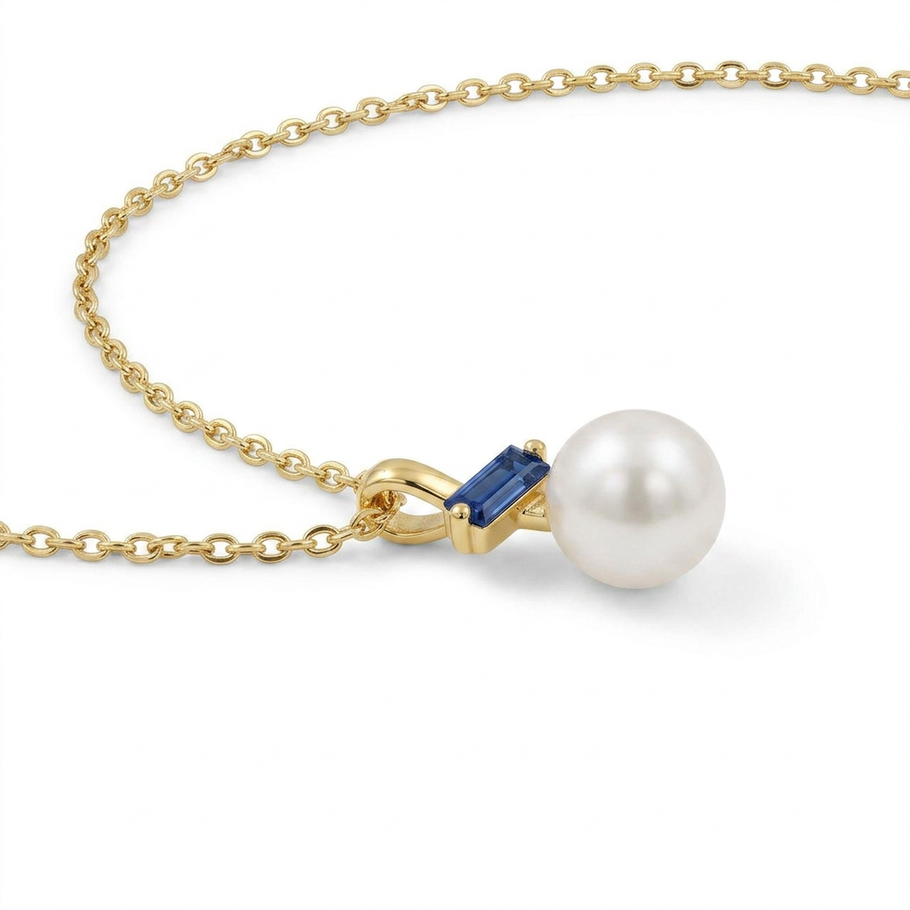 Pearl Necklace With Blue Stone 925 Sterling Silver - Gold Plated