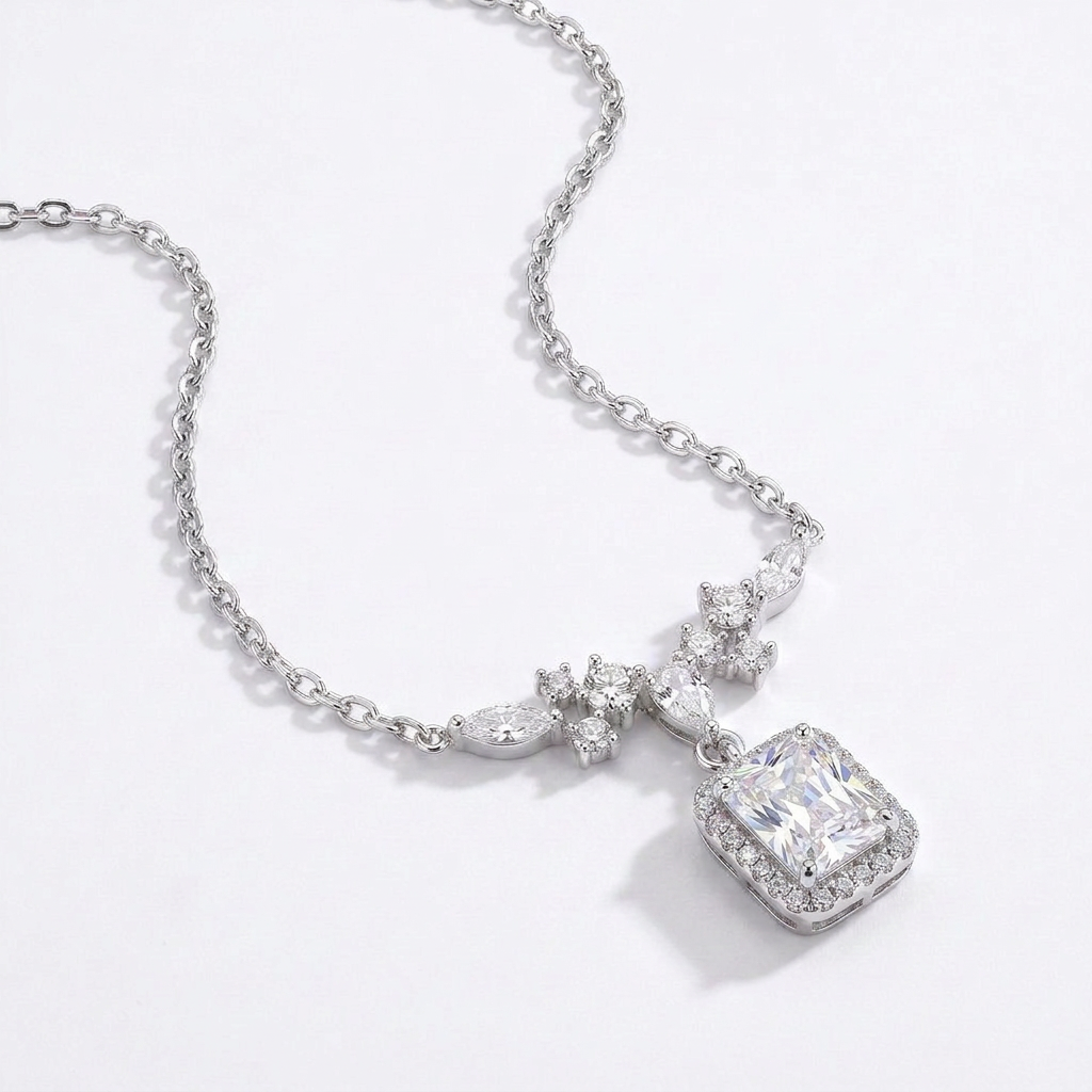 925 Silver Delicate Necklace with a Dangling Rectangular Stone