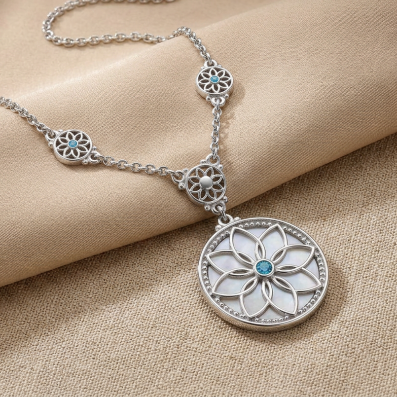 Floral Mother-of-Pearl Necklace with Aquamarine Stone, 925 Silver