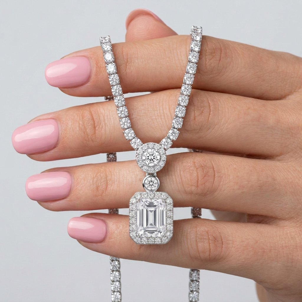 925 Silver Necklace with Sparkling Geometric Pendant and Encrusted Chain