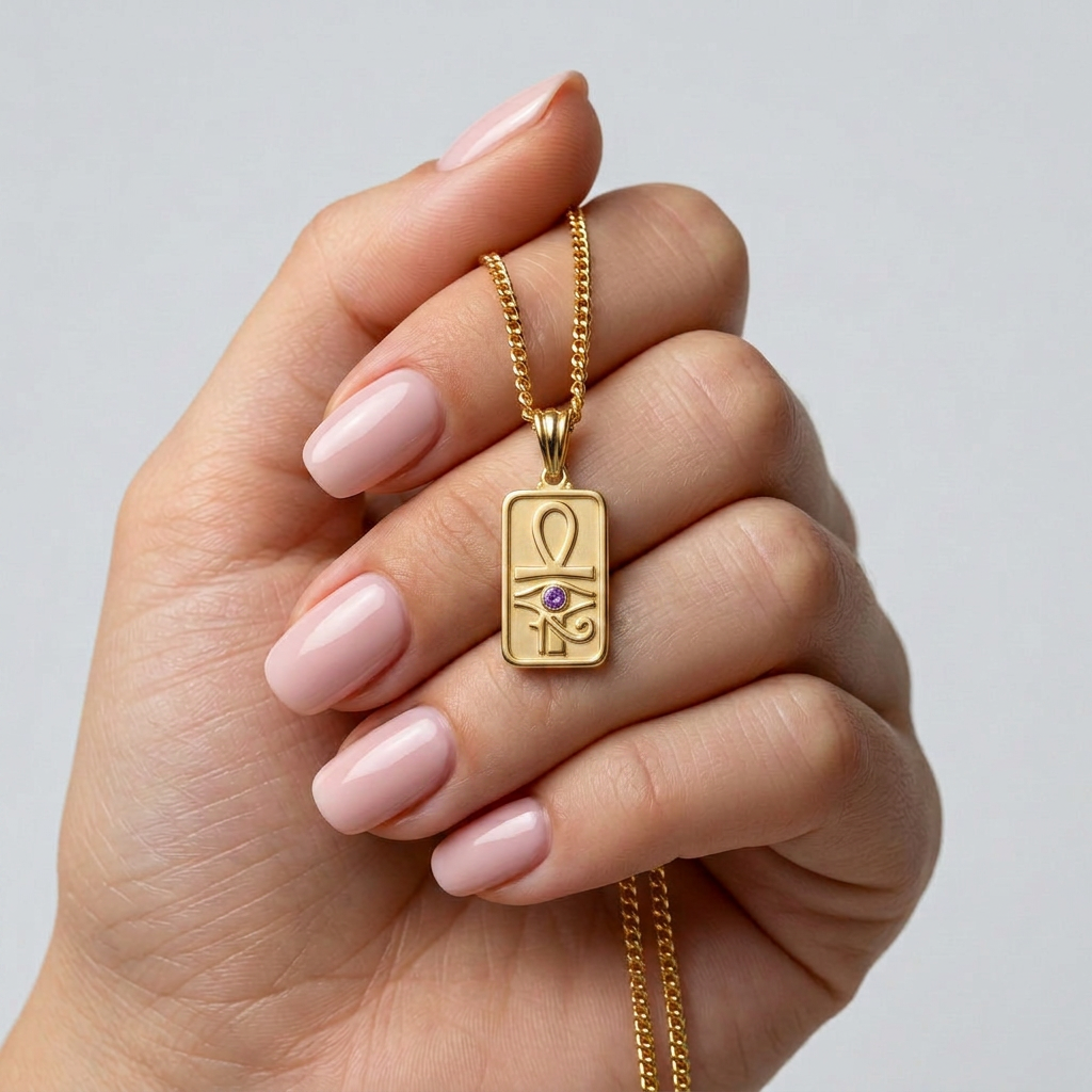 Eye of Horus and Ankh Rectangular Pharaonic Necklace 925 Silver Gold Plated with Purple Stone