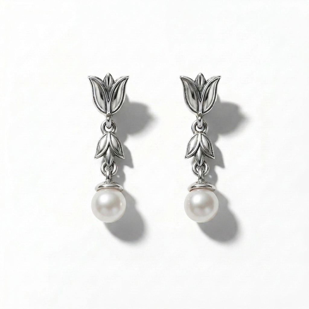 Lotus Flower Earrings with Dangling Pearl – 925 Silver