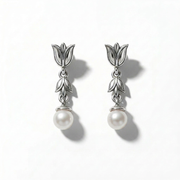 Lotus Flower Earrings with Dangling Pearl – 925 Silver