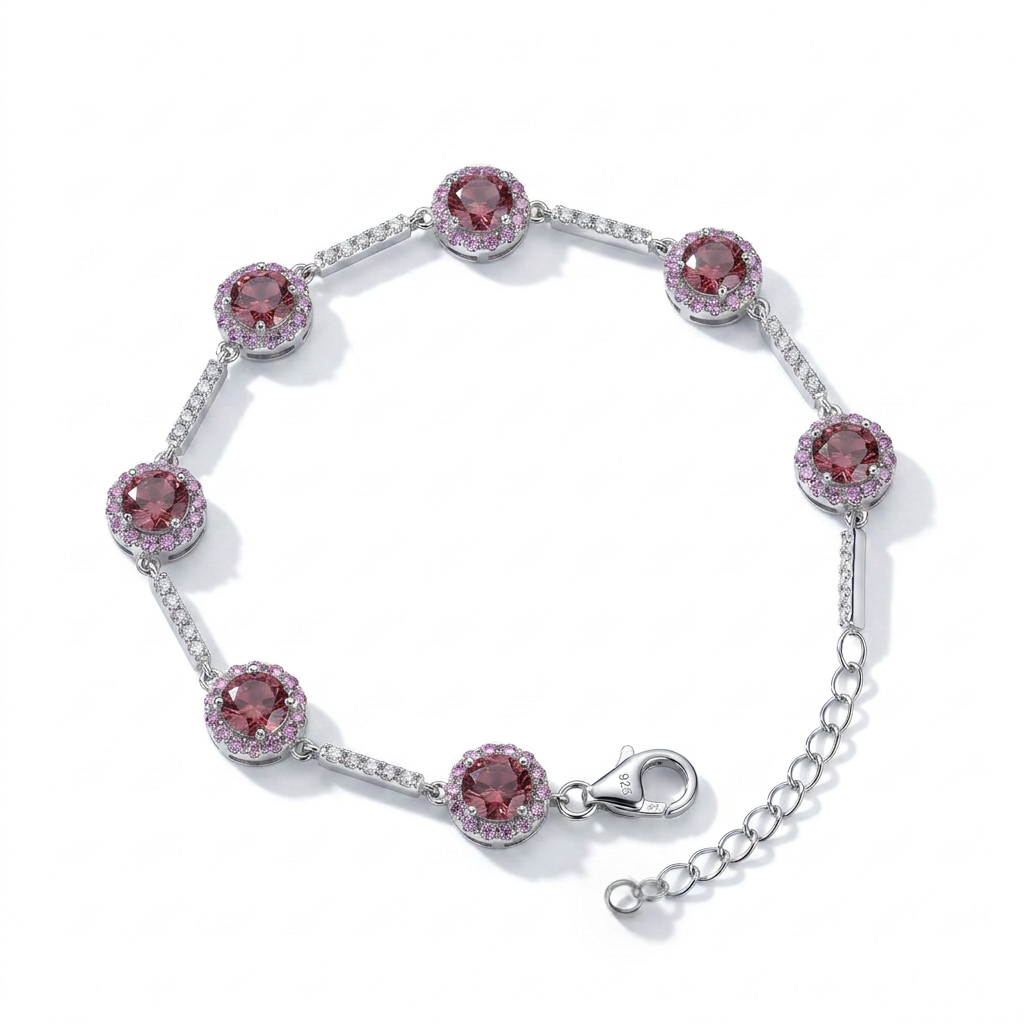 925 sterling silver bracelet plated with platinum, adorned with pink zircon stones