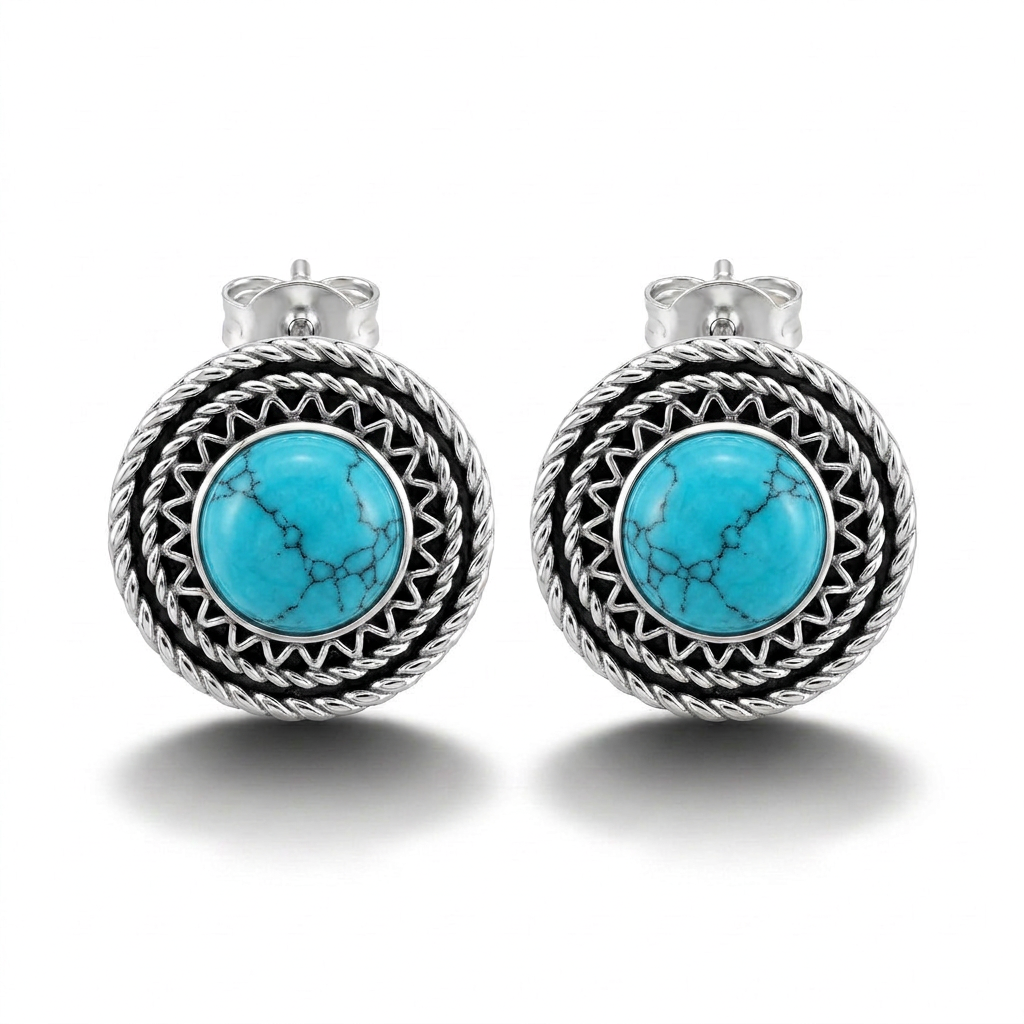 925 Silver Earrings with Round Turquoise Stone and Ornate Silver Frame