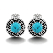 925 Silver Earrings with Round Turquoise Stone and Ornate Silver Frame