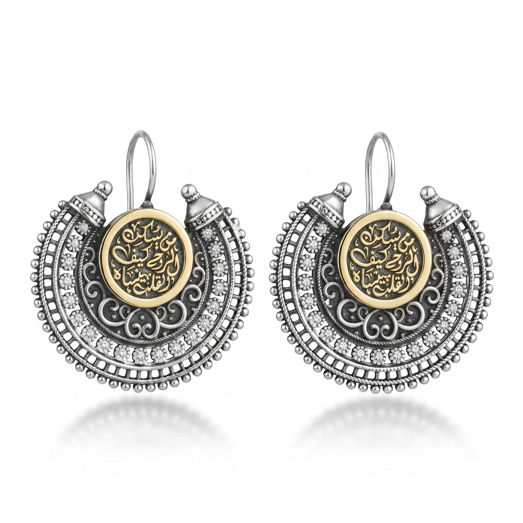 925 Silver Earrings with the Phrase "Man Yaskun Al Rouh Kaif Al Qalb Yansah"