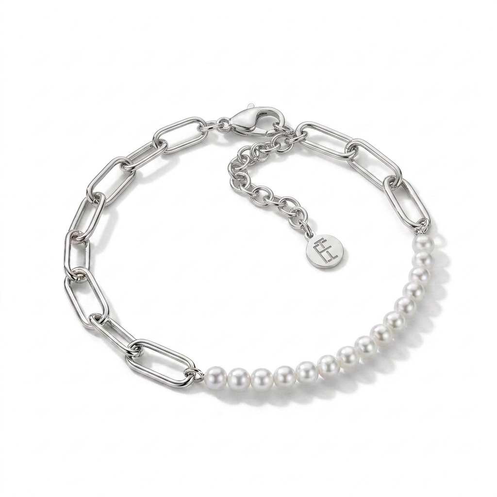Paperclip Link Pearl Bracelet in 925 Silver