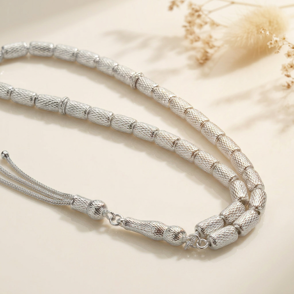 925 Silver Men's 33 Short Cylindrical Prayer Beads
