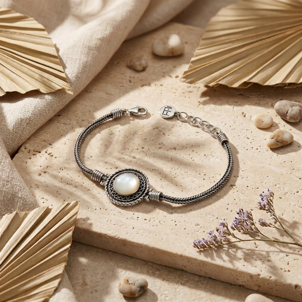 925 Silver Bracelet with a Round Mother-of-Pearl Stone