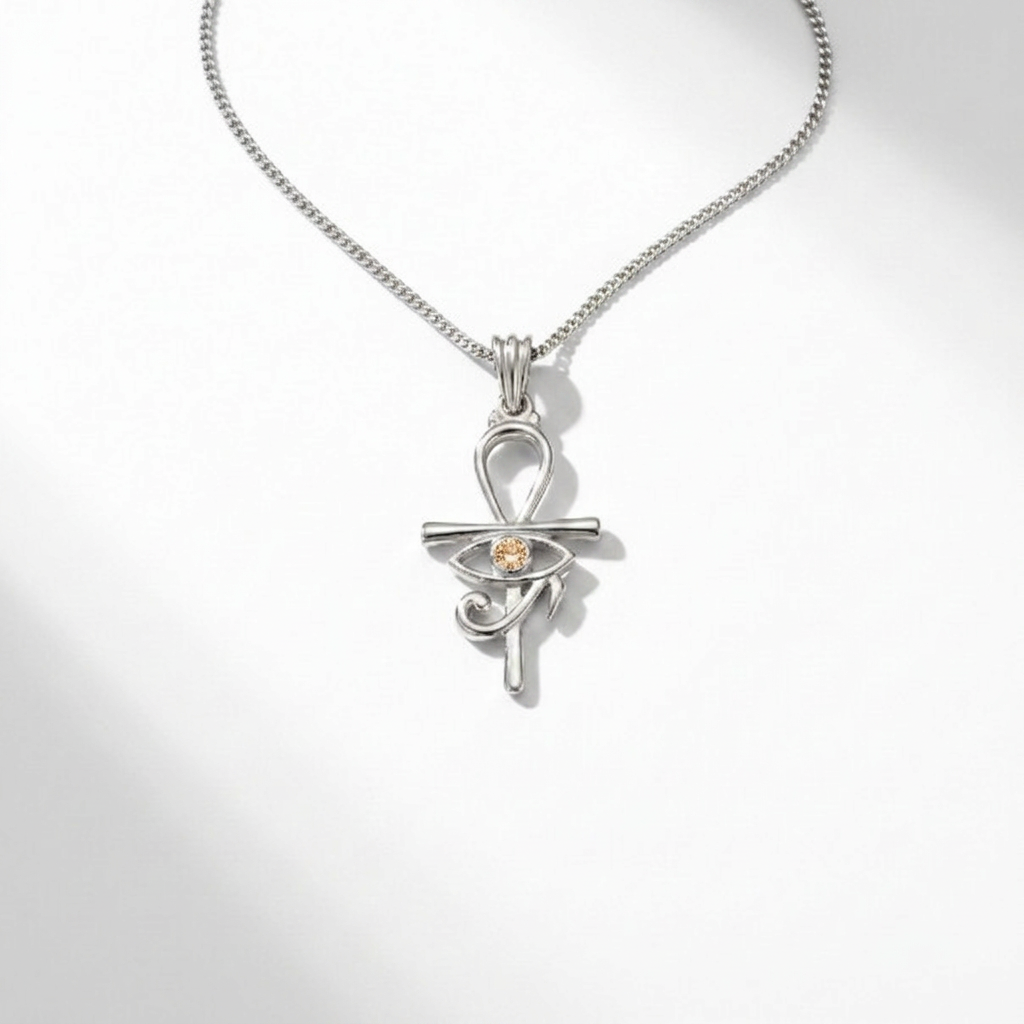 Pharaonic Eye of Horus and Ankh Silver Necklace with Yellow Stone 925 Silver