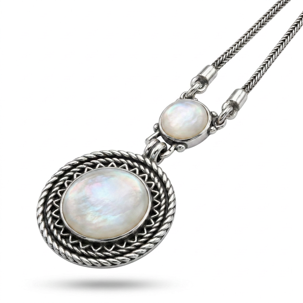 925 Silver Necklace with Round Mother of Pearl Stone