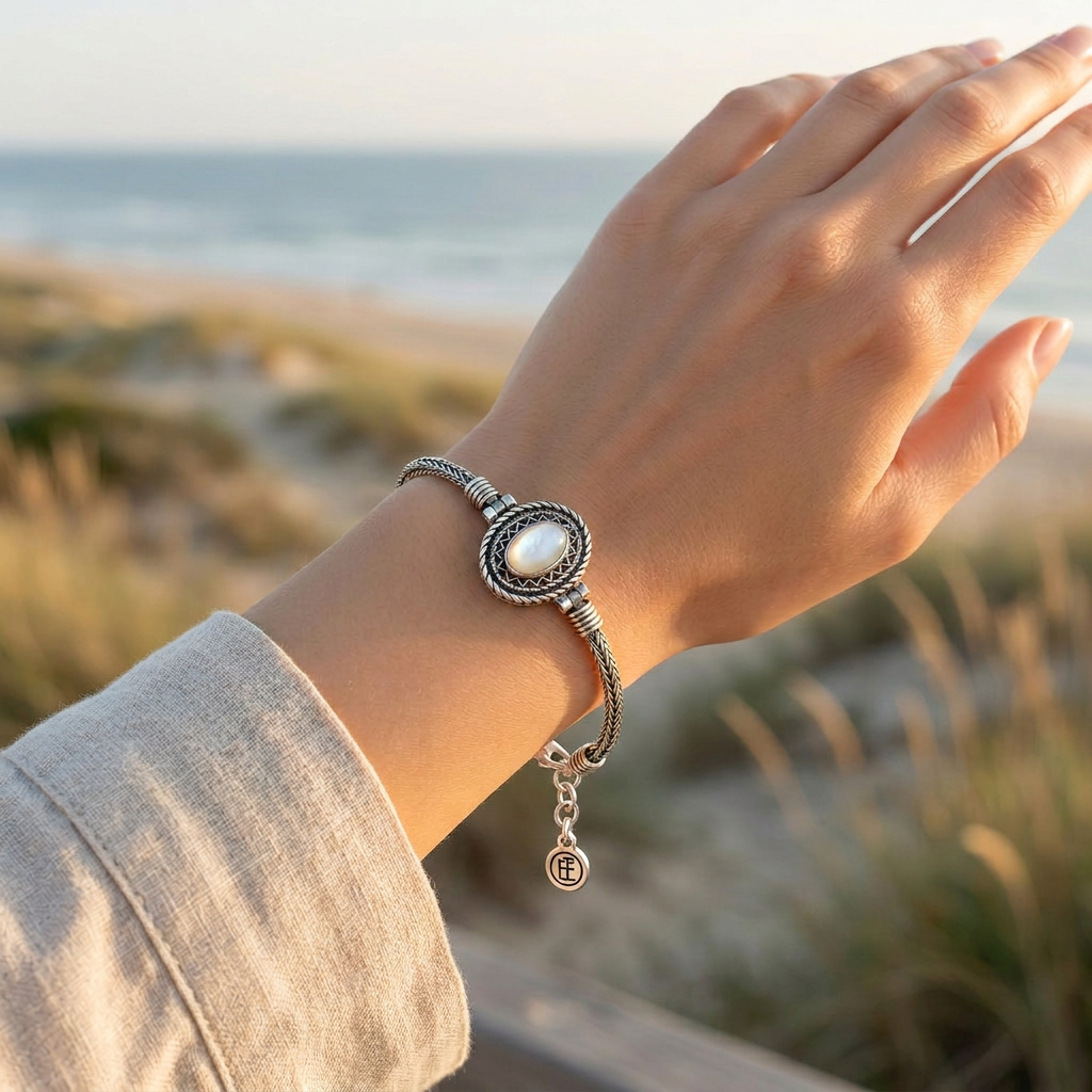 925 Silver Bracelet with an Oval Pearl Stone in a Classic Design