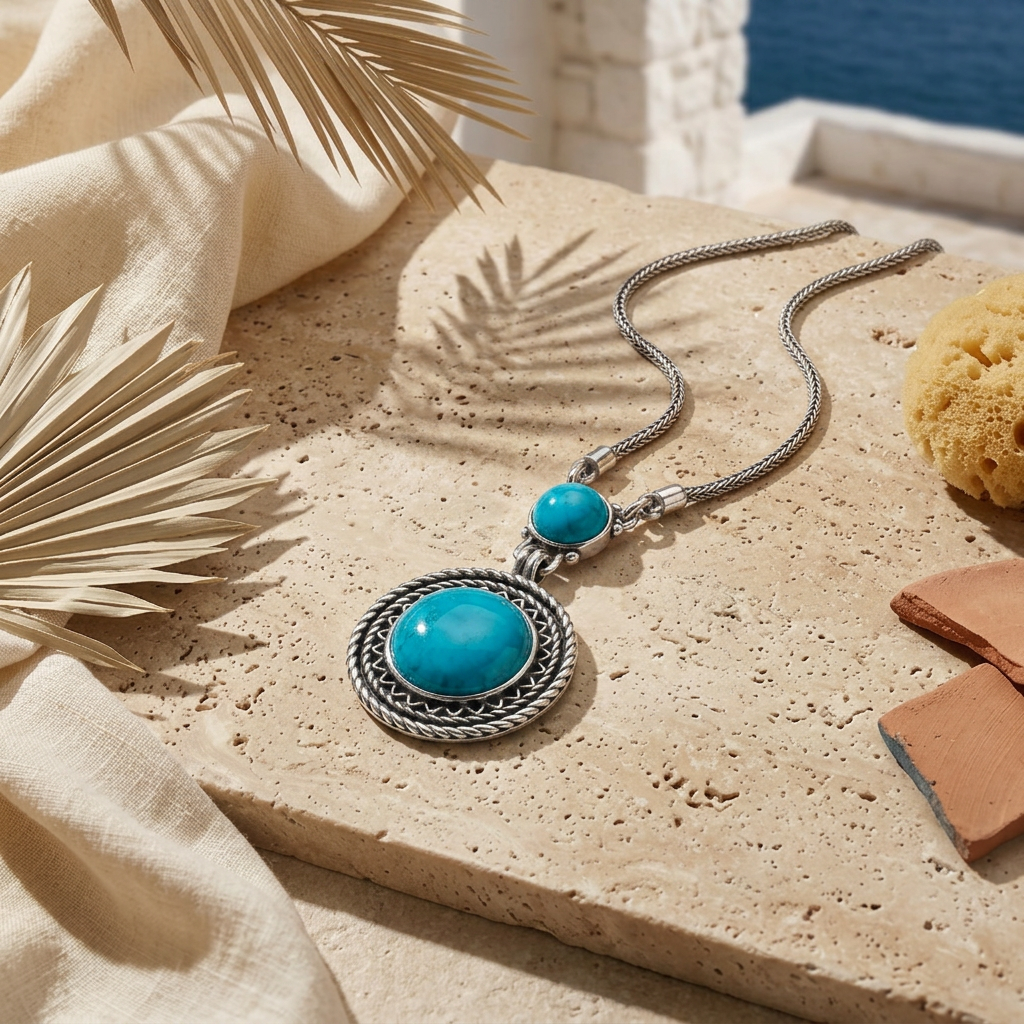 925 Silver Necklace with Double Round Turquoise Stones