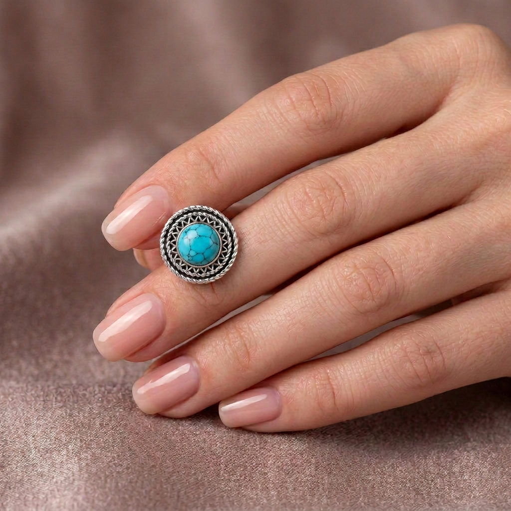 925 Silver Earrings with Round Turquoise Stone and Ornate Silver Frame