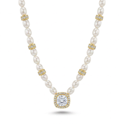 Gold-Plated Pearl Necklace with Halo Stone Pendant