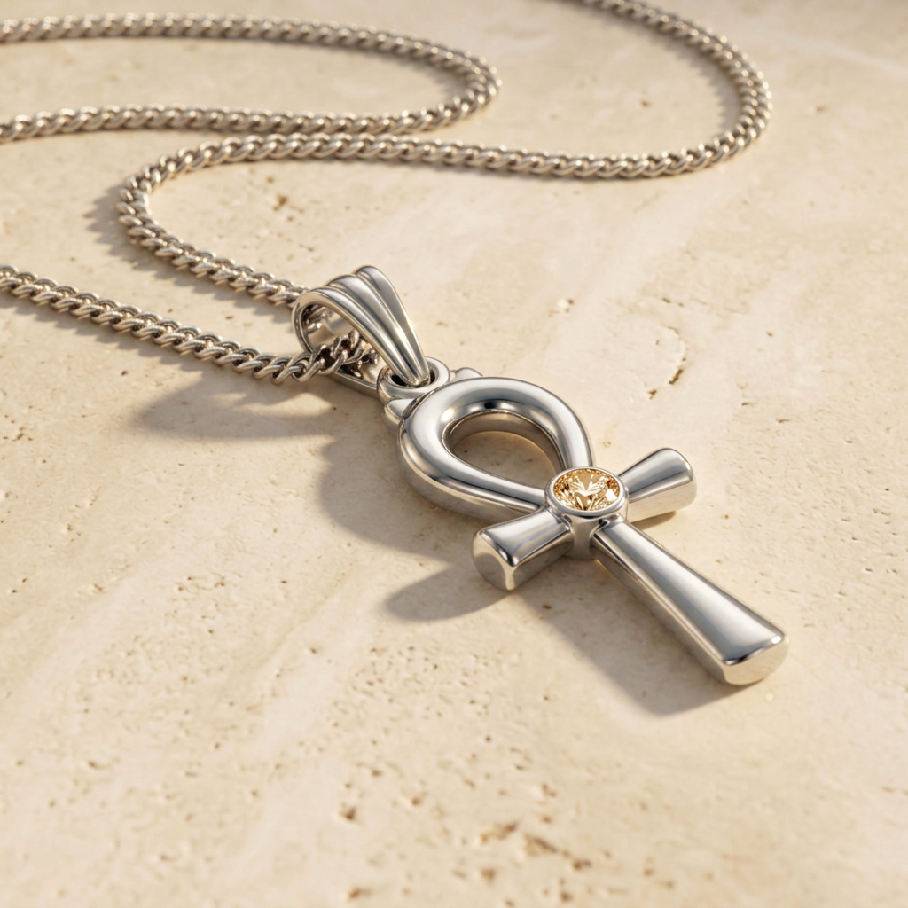 Silver Pharaonic Ankh Pendant Necklace with Gold Stone 925 Silver