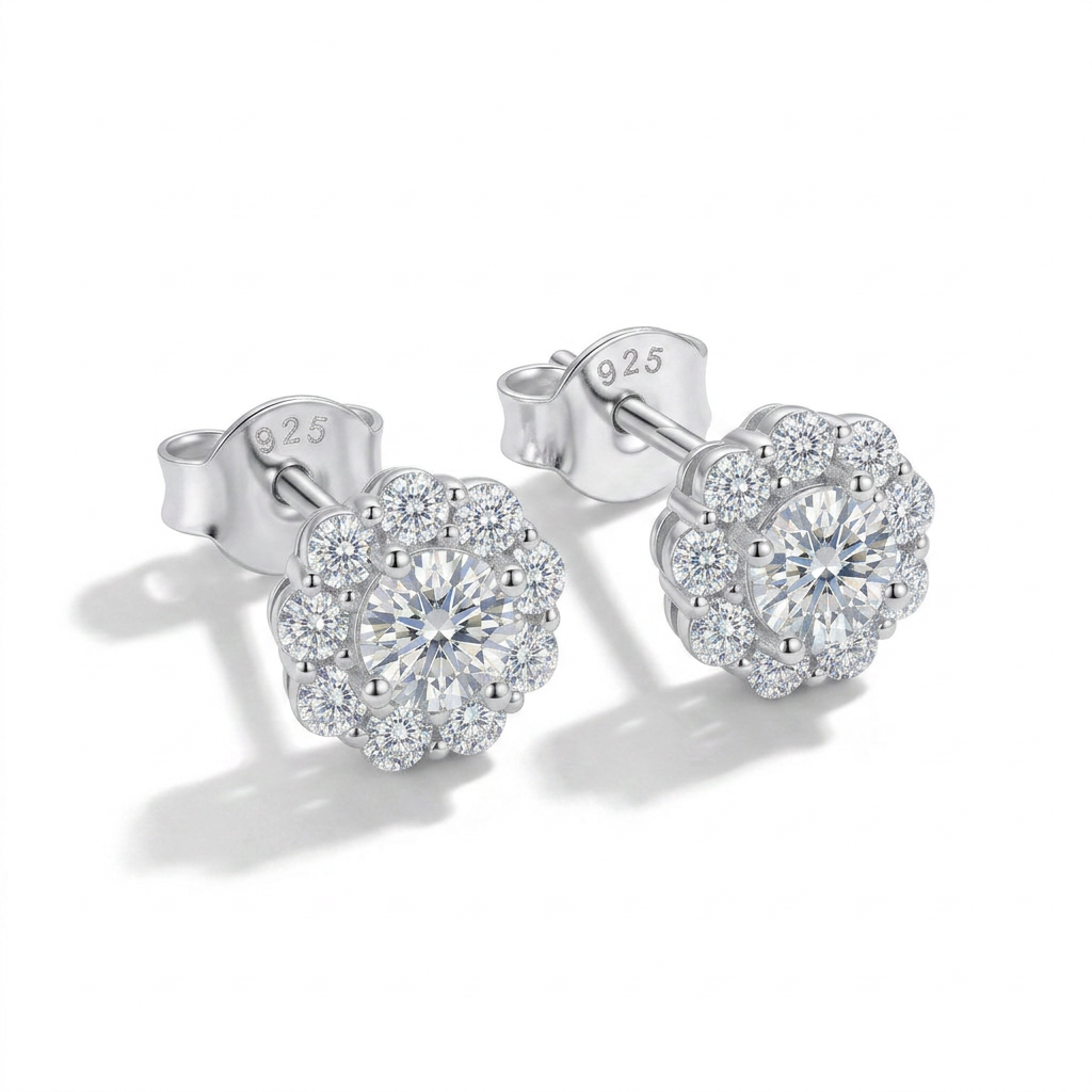 925 Silver Flower Design Zircon Earrings
