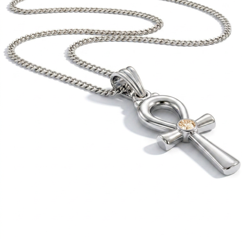 Silver Pharaonic Ankh Pendant Necklace with Gold Stone 925 Silver