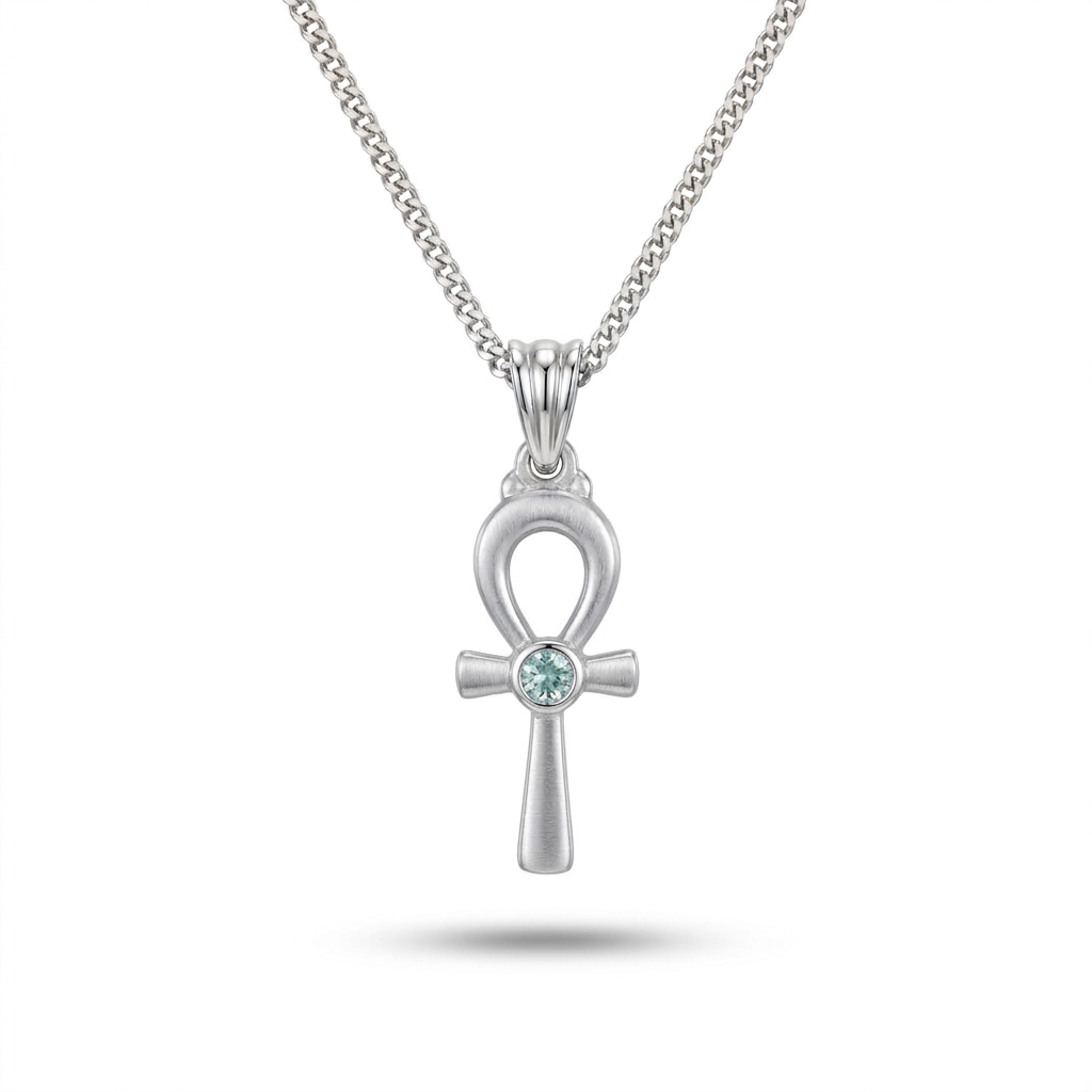 Silver Pharaonic Ankh Pendant Necklace with Sky Blue Stone 925 Silver