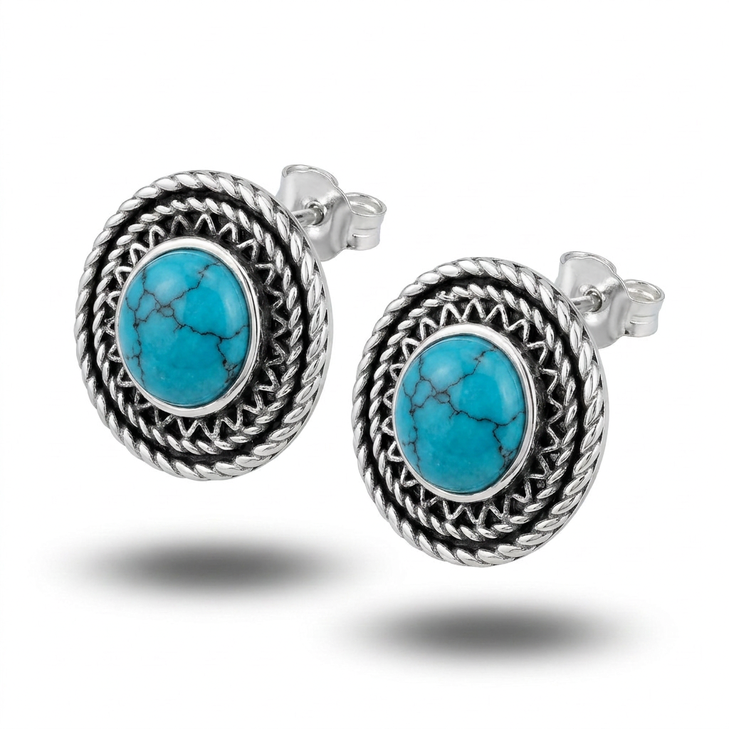 925 Silver Earrings with Round Turquoise Stone and Ornate Silver Frame